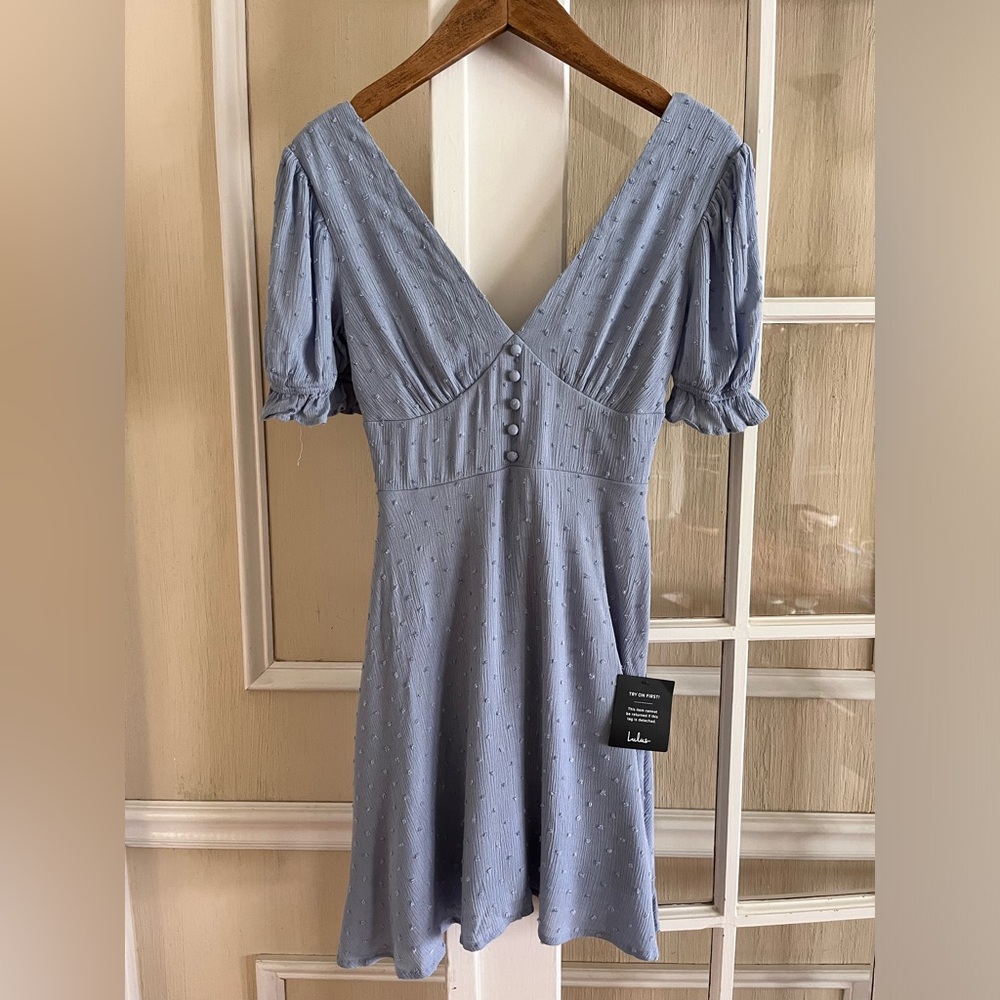 Lulus blue Swiss dot dress with tie back